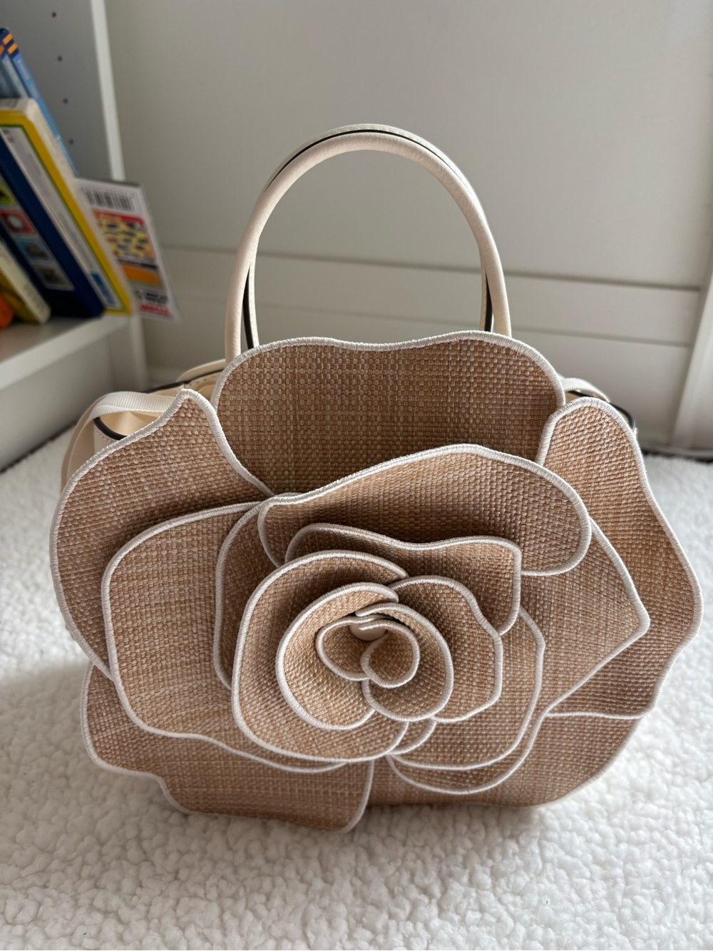 Kate Spade New York Beige 3D Floral Rose Straw Leather Bag